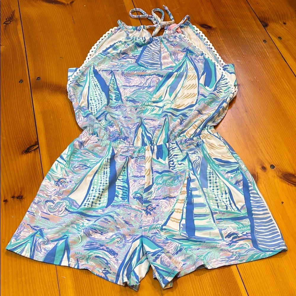 LILLY PULITZER XS Blue Printed Sailboat Romper Jumpsuit Shorts